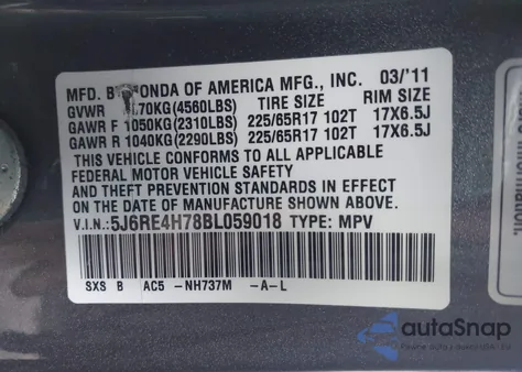 2011 Honda Cr-V Ex-L z USA, uszkodzony, nr VIN 5J6RE4H78BL059018